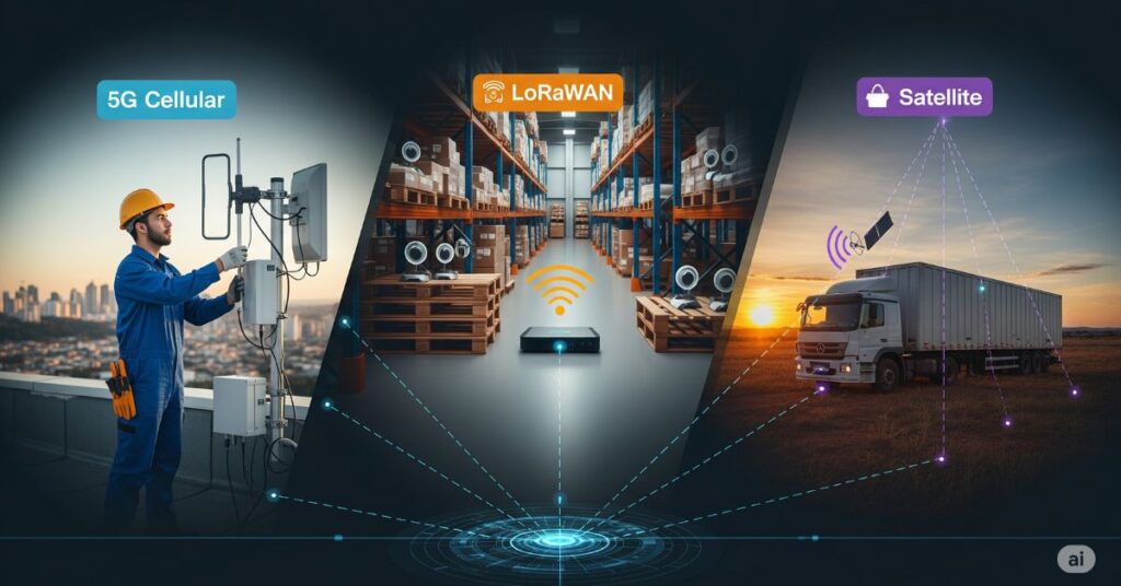 Tecnologia celular (2G / 4G / 5G), LoRa ou Satélite
