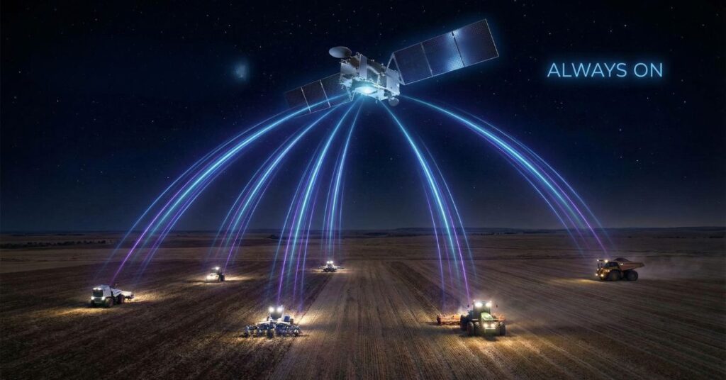 Tratores e máquinas agrícolas trabalhando em um grande campo à noite, todos conectados por feixes de luz azul a um satélite no céu com a mensagem “ALWAYS ON”, simbolizando conectividade contínua, telemetria em tempo real e Gestão Inteligente de Máquinas em operações no agronegócio.