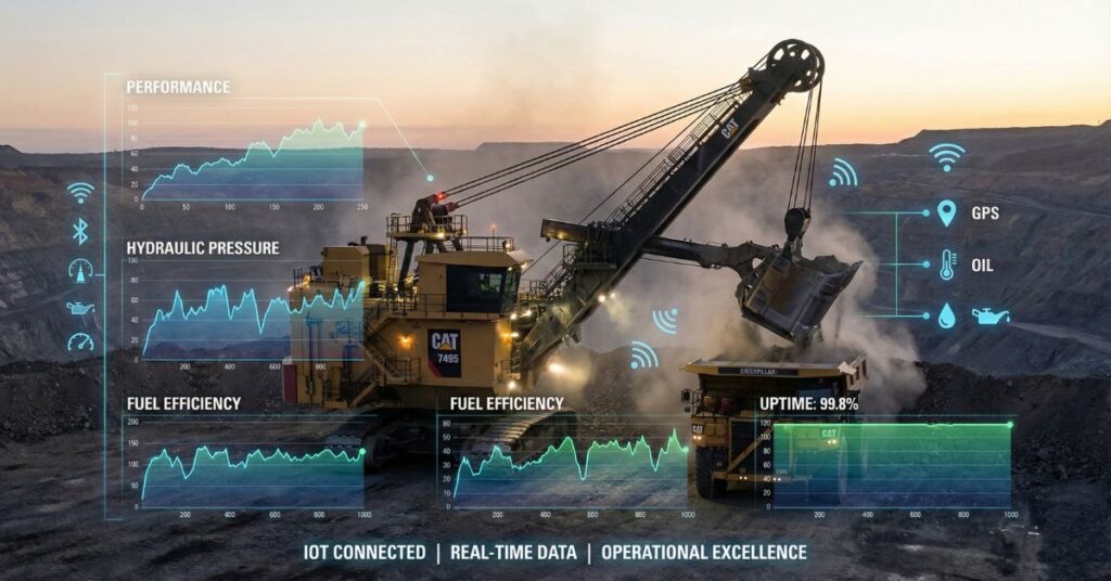 Escavadeira de grande porte carregando um caminhão fora de estrada em uma mina a céu aberto ao entardecer, com gráficos digitais de performance, pressão hidráulica, eficiência de combustível, uptime e ícones de GPS e sensores sobrepostos à cena, simbolizando uma Gestão Inteligente de Máquinas baseada em IoT, dados em tempo real e monitoramento remoto da frota.