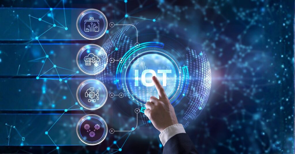 Ilustração de um executivo tocando uma interface digital holográfica com a palavra “IoT” ao centro, cercada por ícones de automação, nuvem e análise de dados, representando soluções de IoT para OEMs e a conexão inteligente entre máquinas e sistemas.