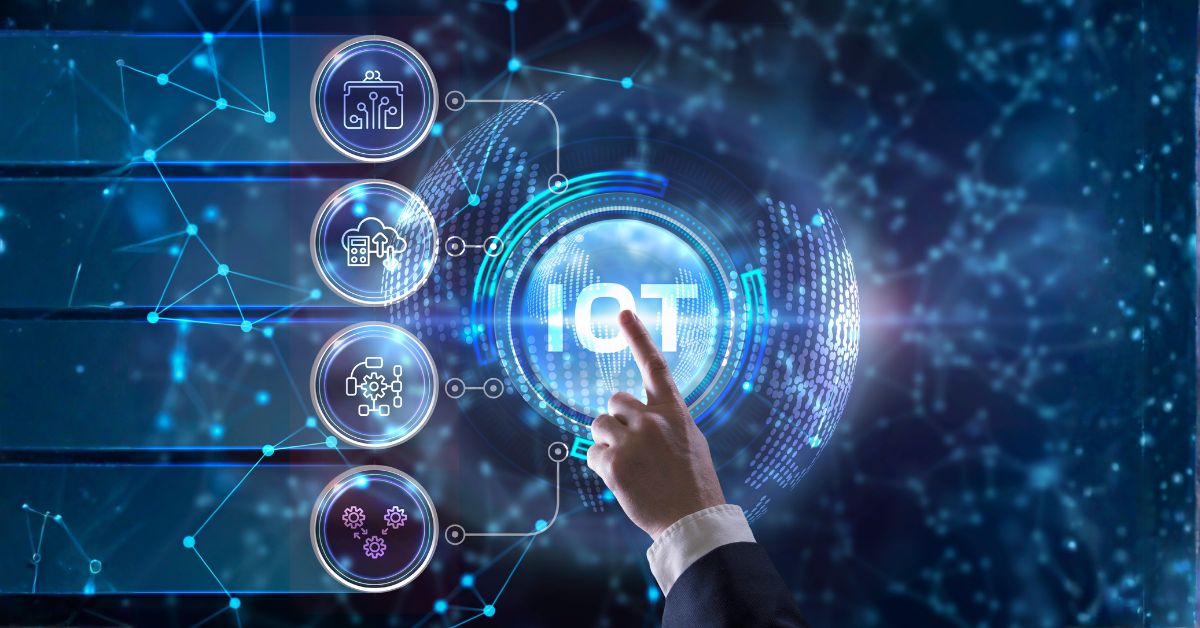 Ilustração de um executivo tocando uma interface digital holográfica com a palavra “IoT” ao centro, cercada por ícones de automação, nuvem e análise de dados, representando soluções de IoT para OEMs e a conexão inteligente entre máquinas e sistemas.
