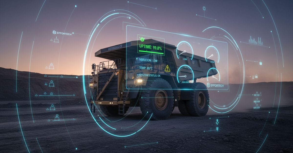Caminhão fora de estrada operando em uma mina ao entardecer, envolvido por uma interface holográfica com painéis que mostram uptime de 99,8%, níveis de vibração, temperatura e status do sistema, simbolizando monitoramento em tempo real, telemetria avançada e Always On Decision-Making para garantir máxima disponibilidade e segurança na operação.