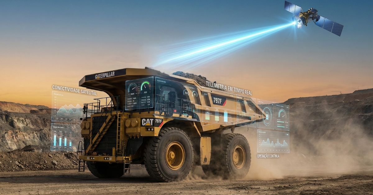 Caminhão fora de estrada Caterpillar 797F transportando carga em uma mina a céu aberto ao entardecer, com telas digitais transparentes sobrepostas exibindo gráficos de conectividade via satélite, telemetria em tempo real e indicadores de desempenho, ilustrando o conceito de Gestão de Máquinas Pesadas para monitorar e otimizar a operação contínua da frota.