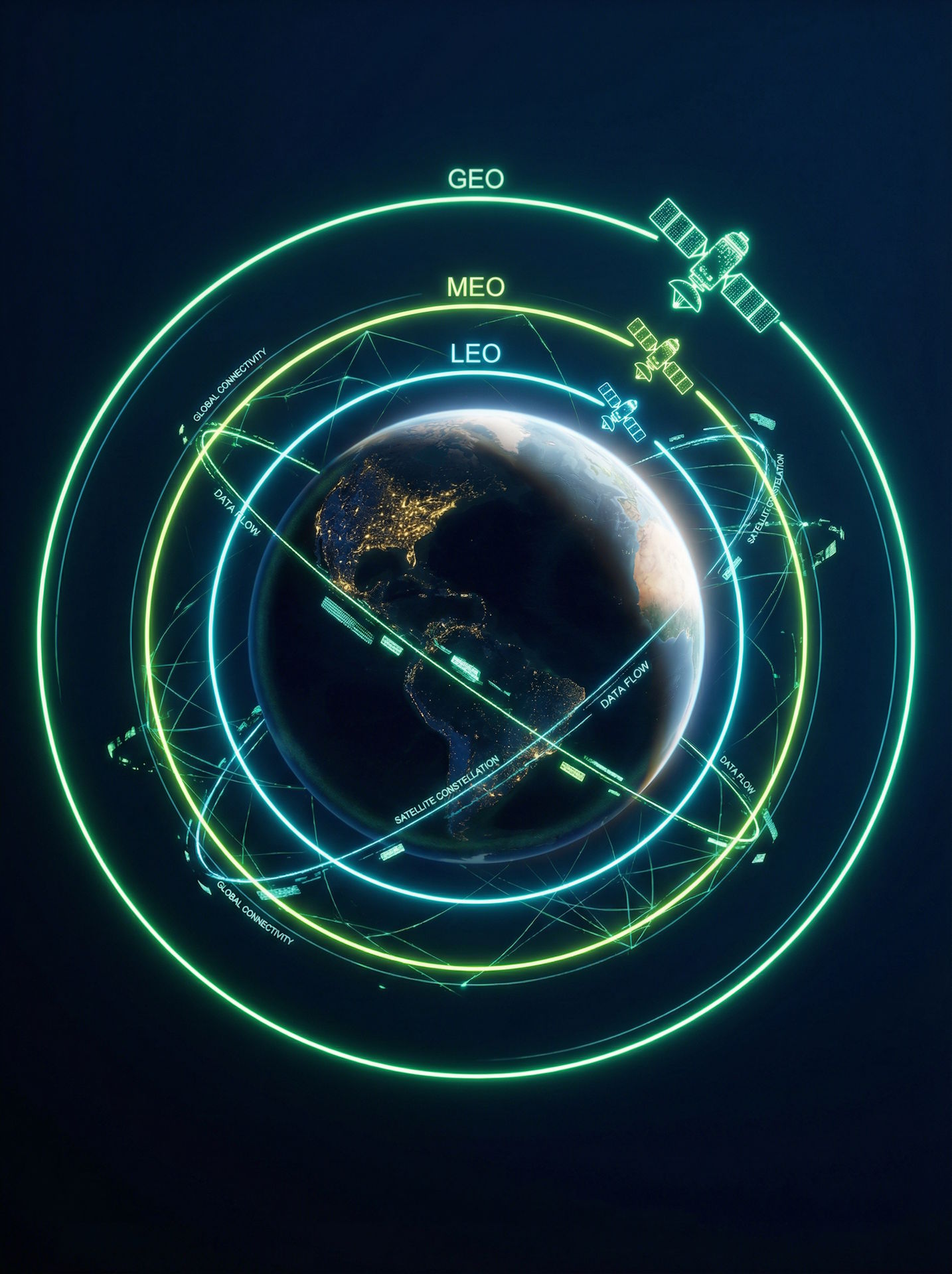 Constelação de satélites em órbitas GEO, MEO e LEO — infraestrutura da conectividade global Effortech